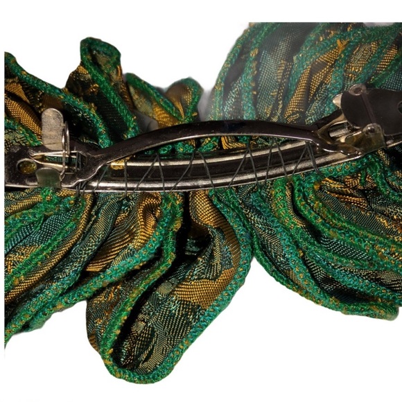 Handmade Big Hair Bow Asian Print Green Gold Metal Clip Barrette Vintage Persian - Picture 7 of 10